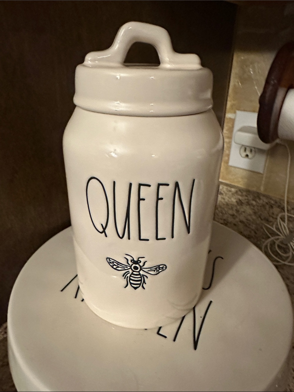 Rae Dunn White "QUEEN" Canister with Bee Motif